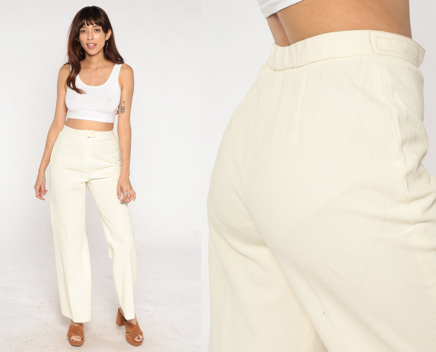 70s Cream High-Waisted Flared Trousers Medium M