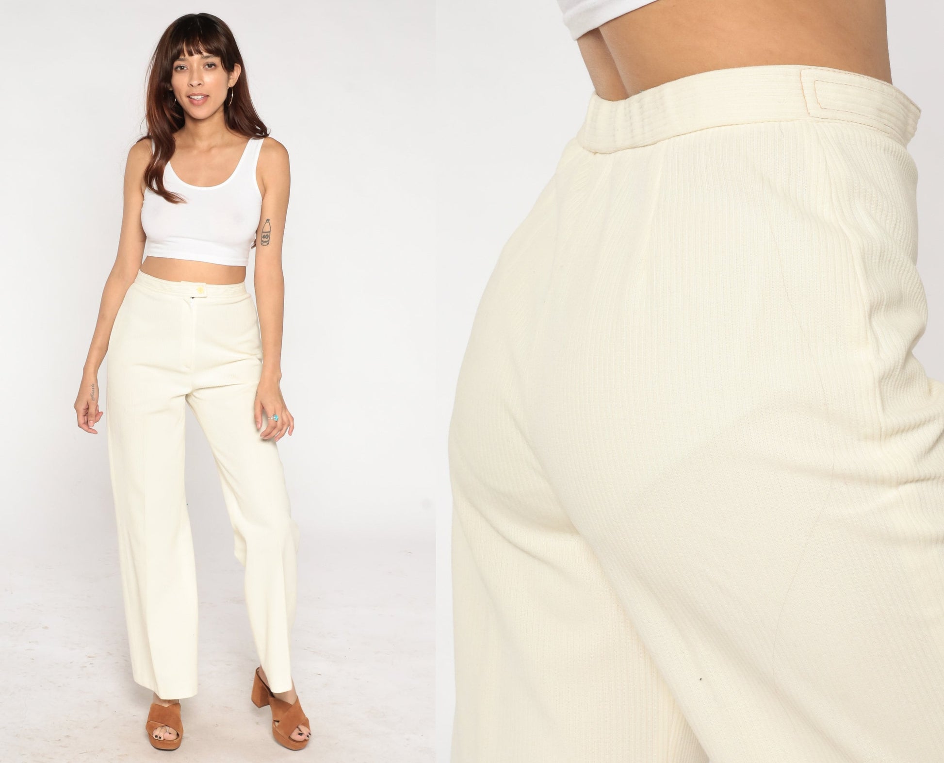 70s Cream High-Waisted Flared Trousers Medium M
