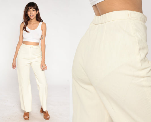 70s Cream High-Waisted Flared Trousers Medium M
