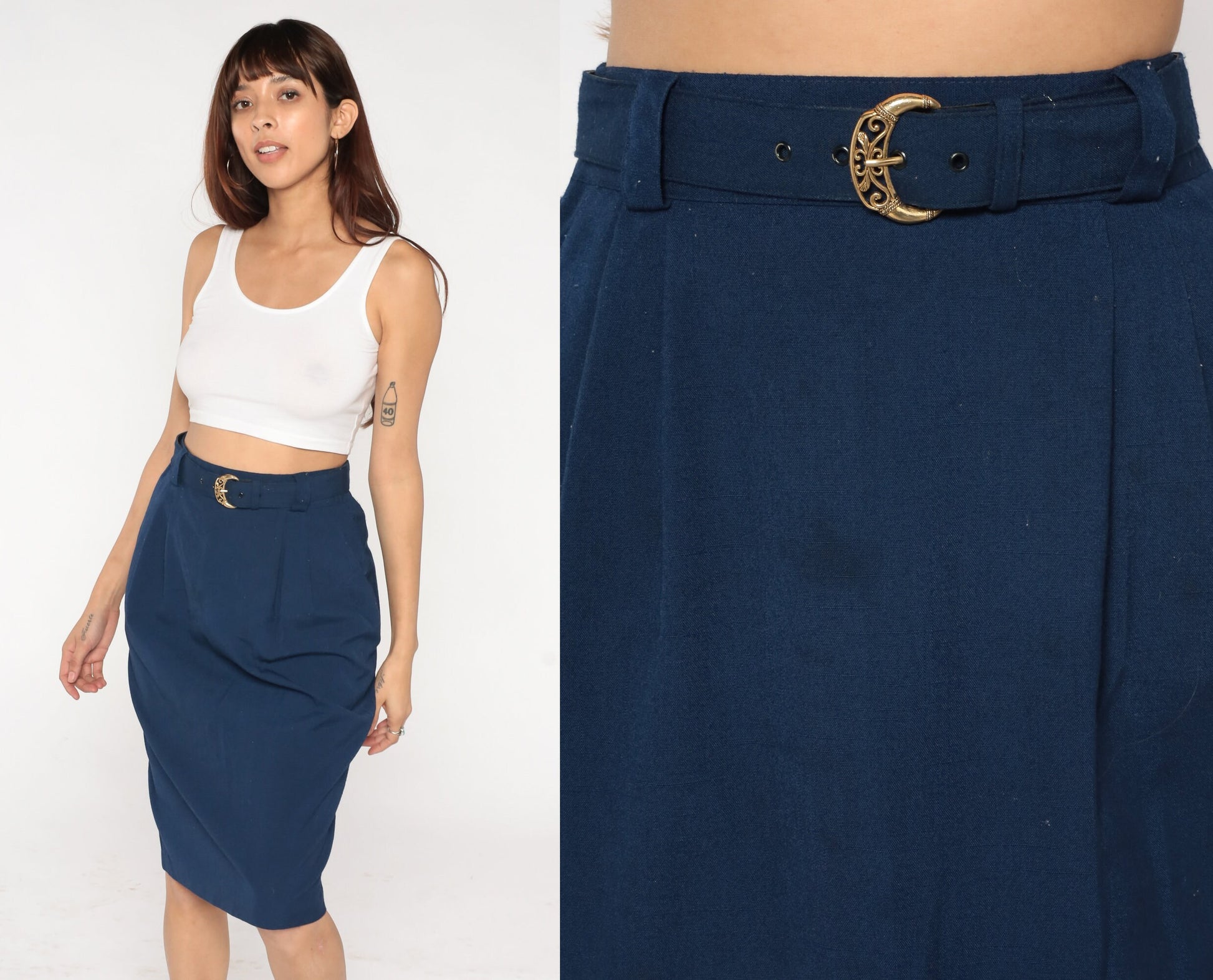 80s Navy Pencil Skirt High Waisted Knee Length Belted Small