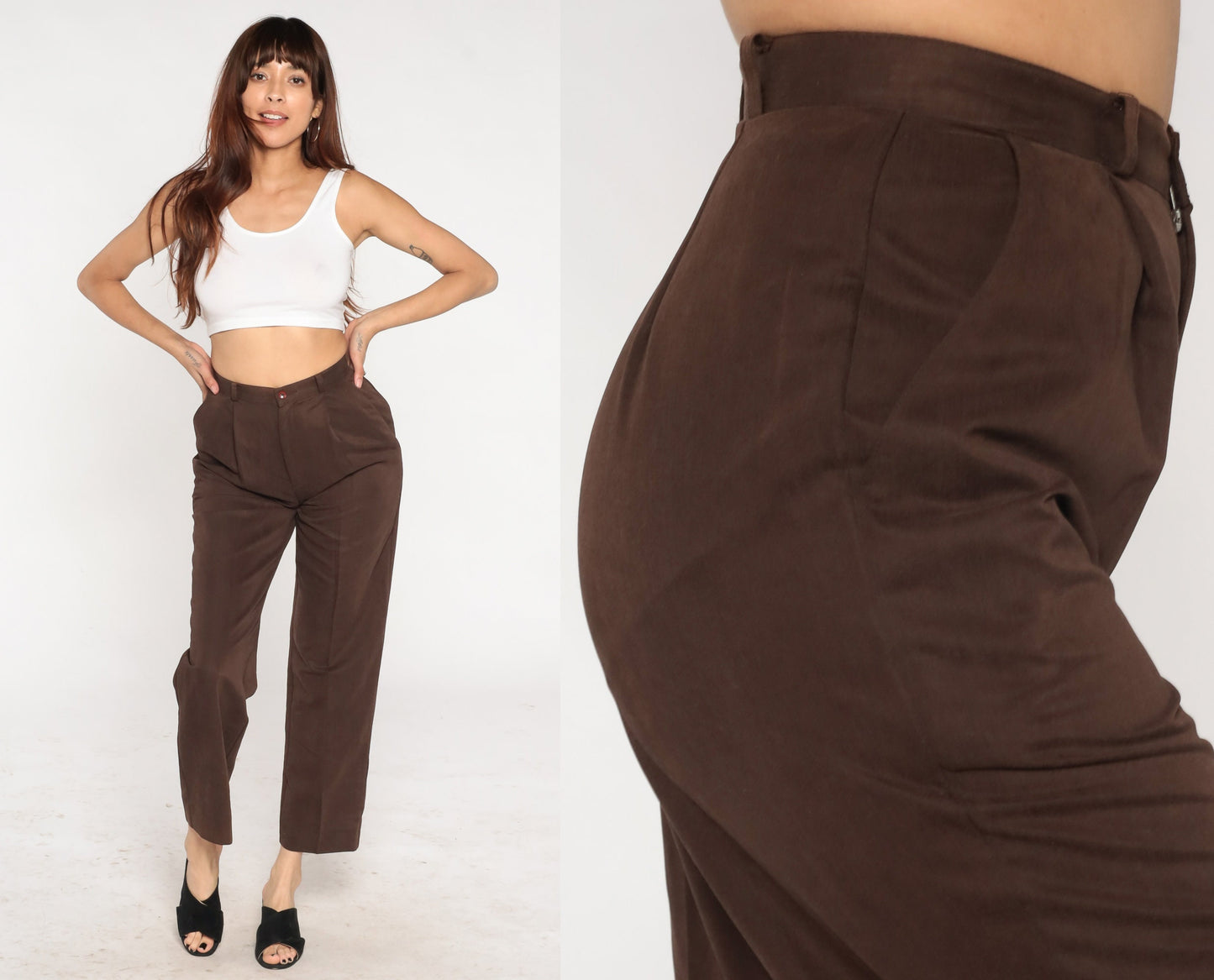 90s Brown High-Waist Straight Leg Trousers Creased Pleated Small 4