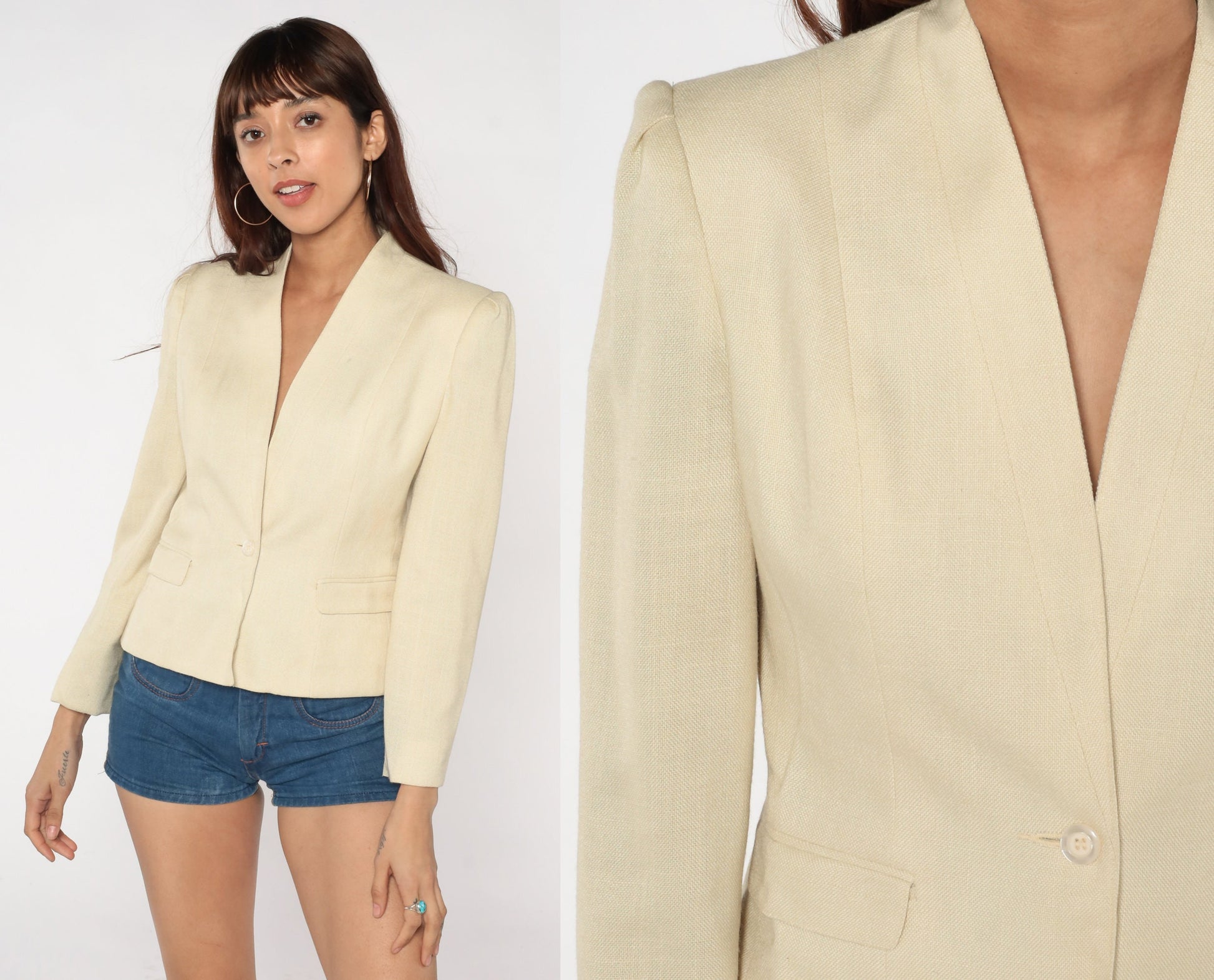 80s Cream Puff Sleeve Blazer Fitted Button-Up Jacket Extra Small XS