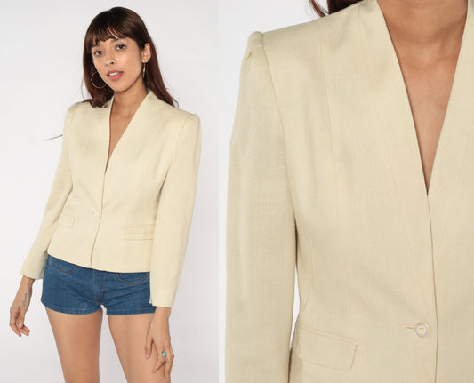 80s Cream Puff Sleeve Blazer Fitted Button-Up Jacket Extra Small XS