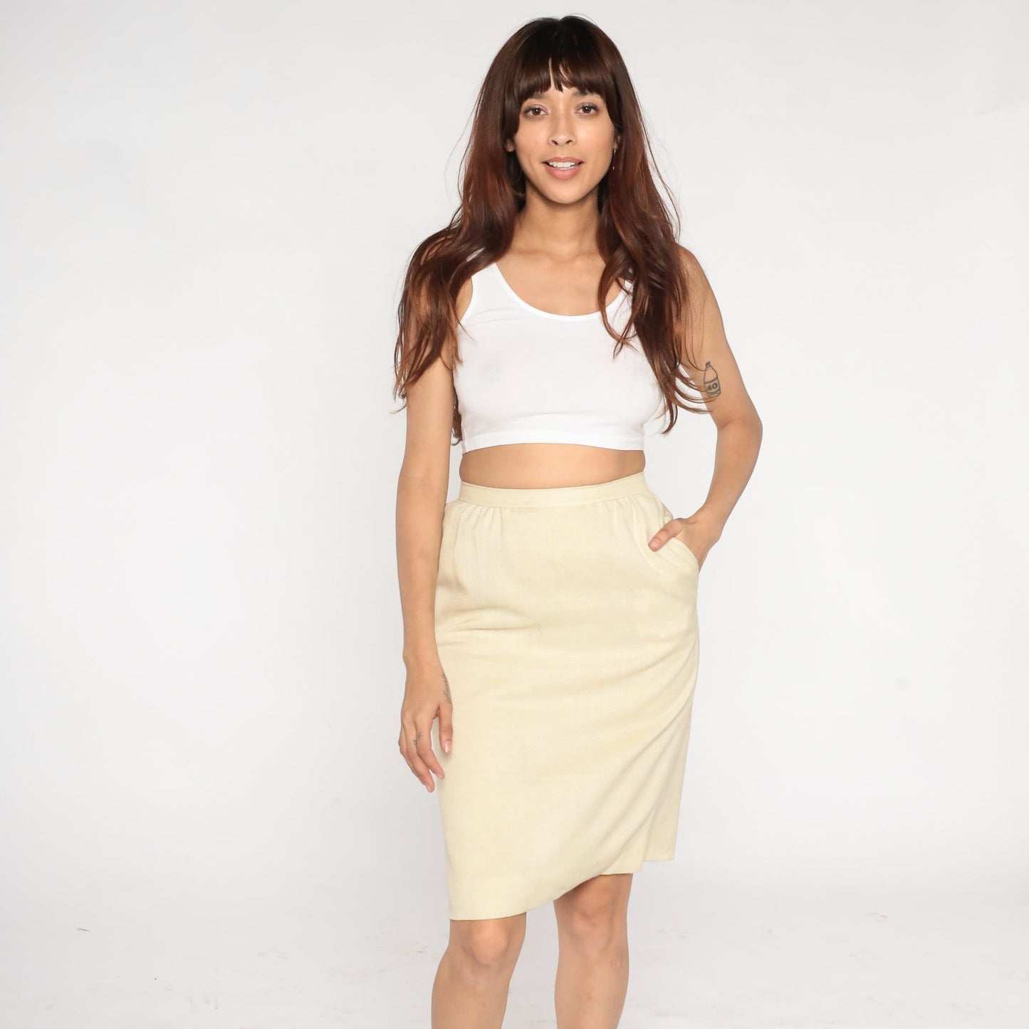 80s Cream Pencil Skirt Knee Length High Waisted Rear Zip Extra Small XS