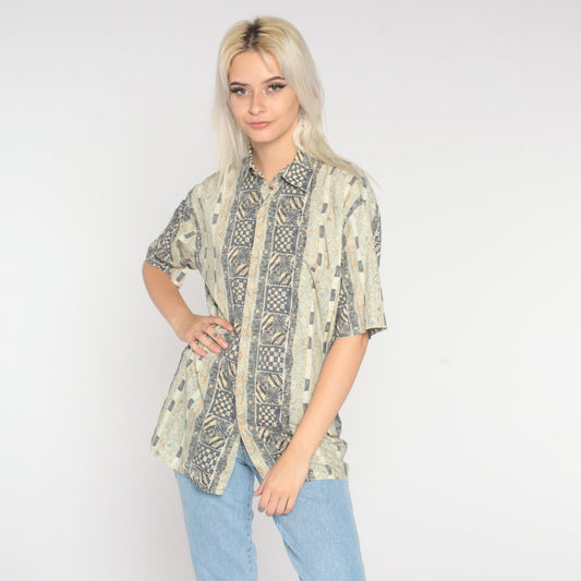 90s Geometric Zebra Print Button-Up Blouse Brown Beige Cotton Medium