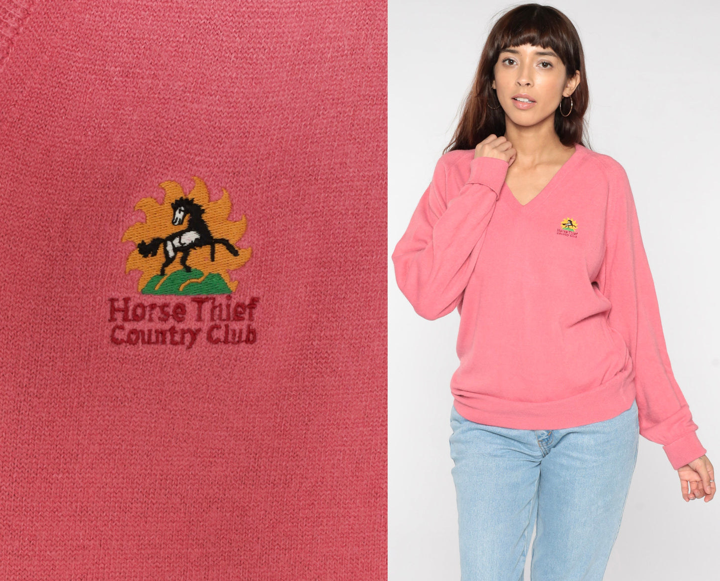 00s Horse Thief Country Club Pink V-Neck Knit Sweater Large