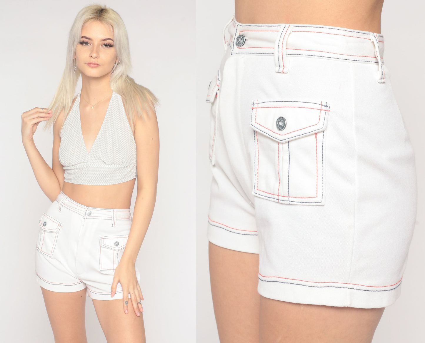 70s White Hotpants High-Waisted Shorts Red Blue Stitching Extra Small