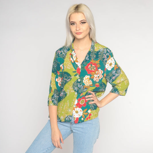 90s Floral Button-Up Blouse Blue Green Rayon 3/4 Sleeve Medium M