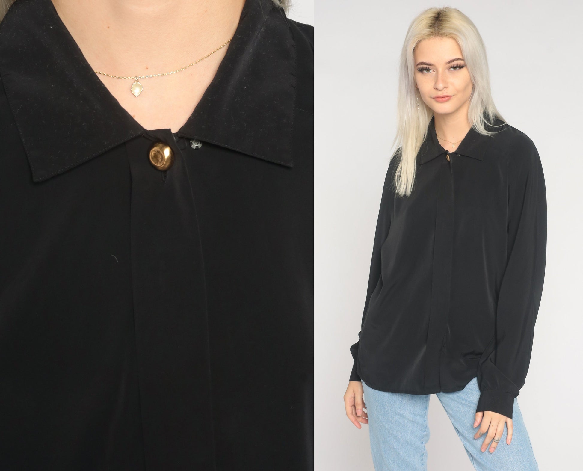 90s Black Button-Up Blouse Long Sleeve Hidden Buttons Large 12