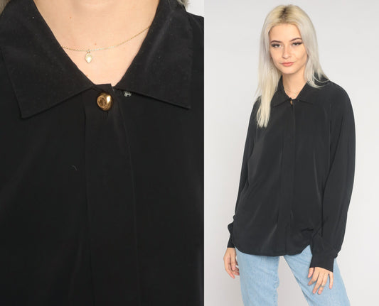 90s Black Button-Up Blouse Long Sleeve Hidden Buttons Large 12