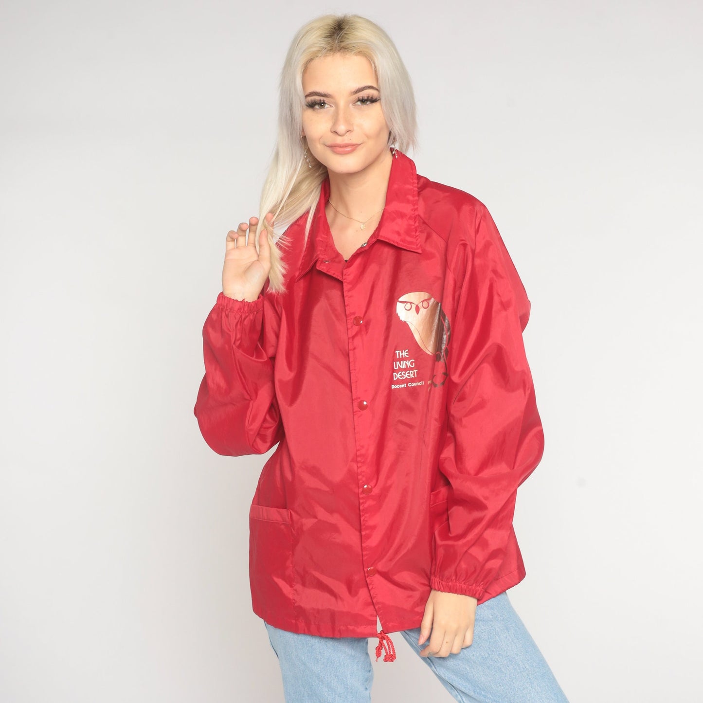 90s The Living Desert Owl Windbreaker Red Nylon Snap Jacket Medium