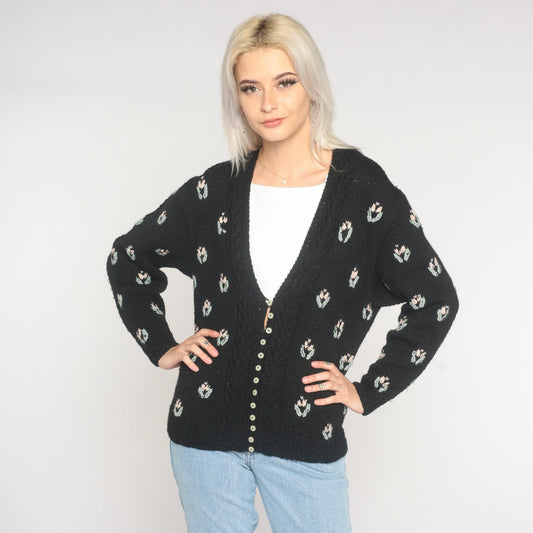 90s Black Wool Floral Cardigan Shell Button Knit Sweater Small S