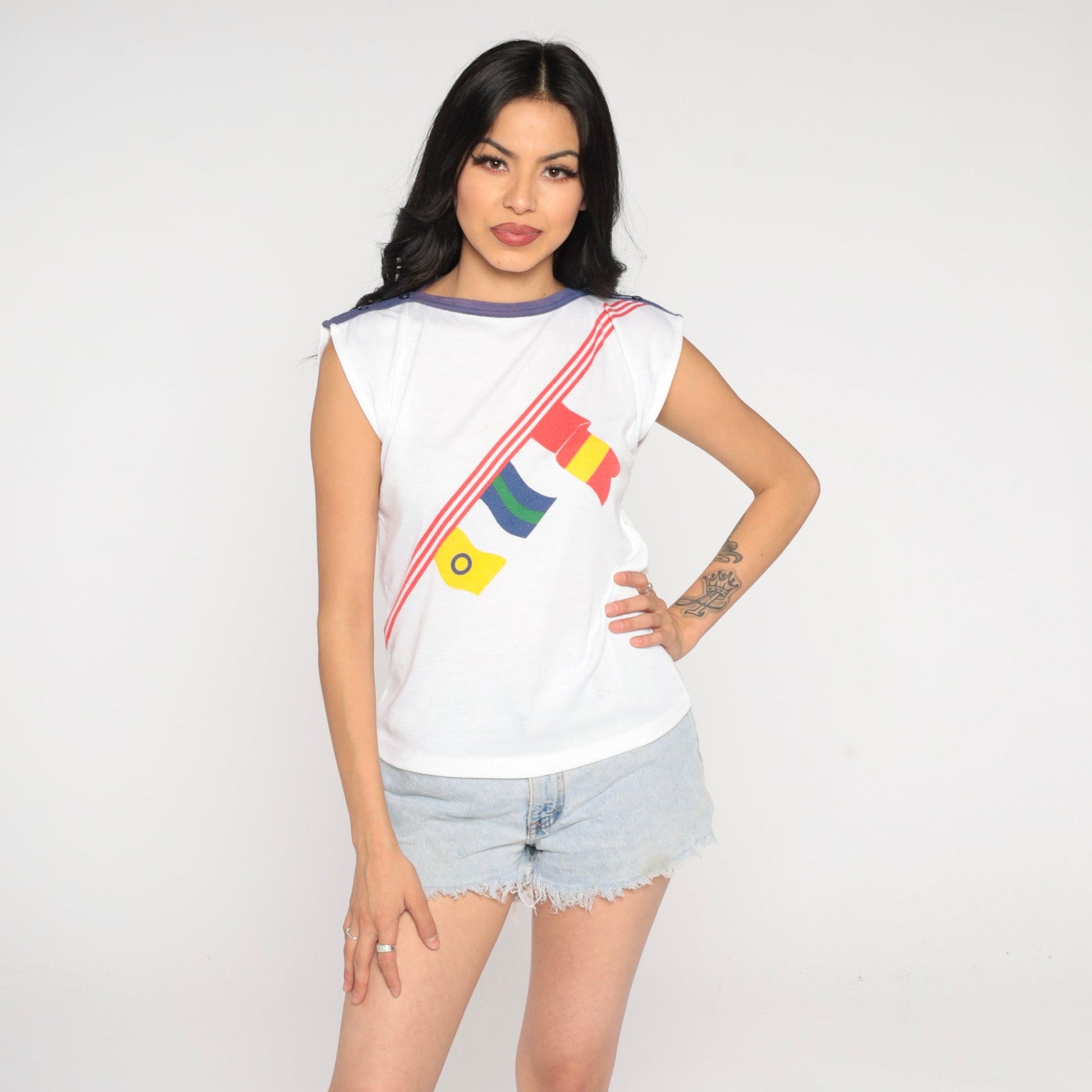 80s Nautical Flag Cap Sleeve T-Shirt Blue Trim Graphic Tee Small