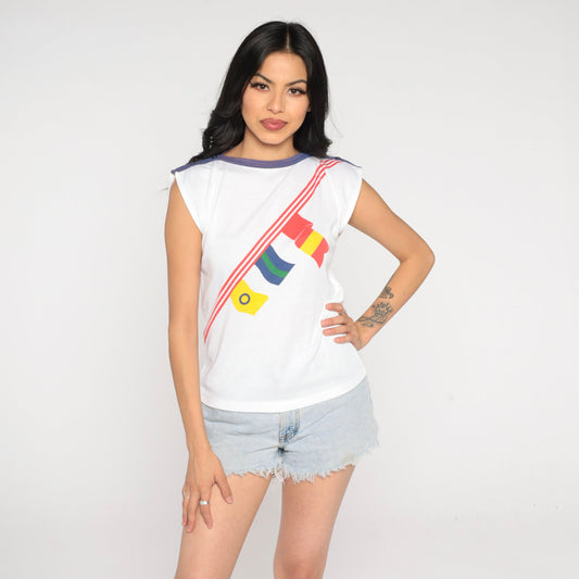 80s Nautical Flag Cap Sleeve T-Shirt Blue Trim Graphic Tee Small