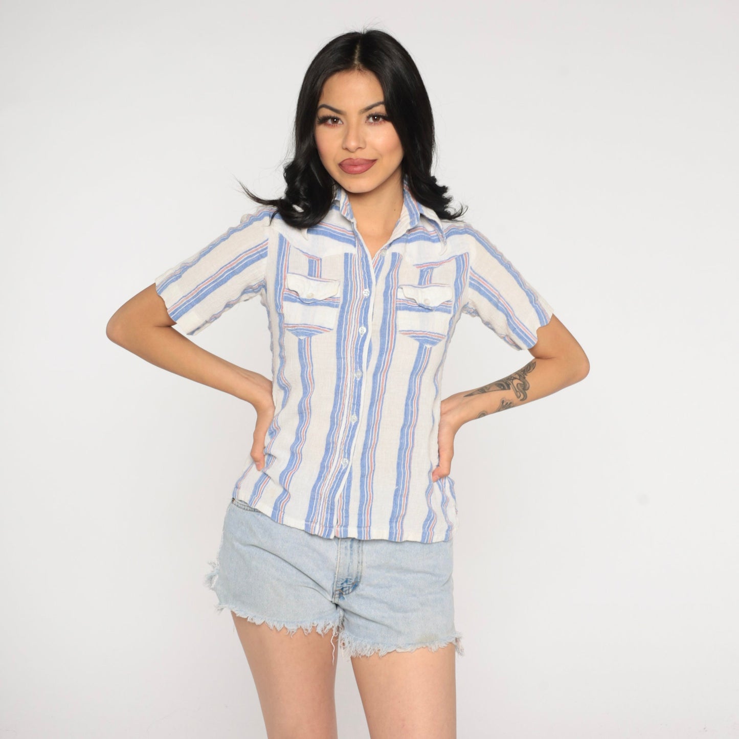 90s Striped Cotton Gauze Button Up Blouse Blue White Short Sleeve Extra Small