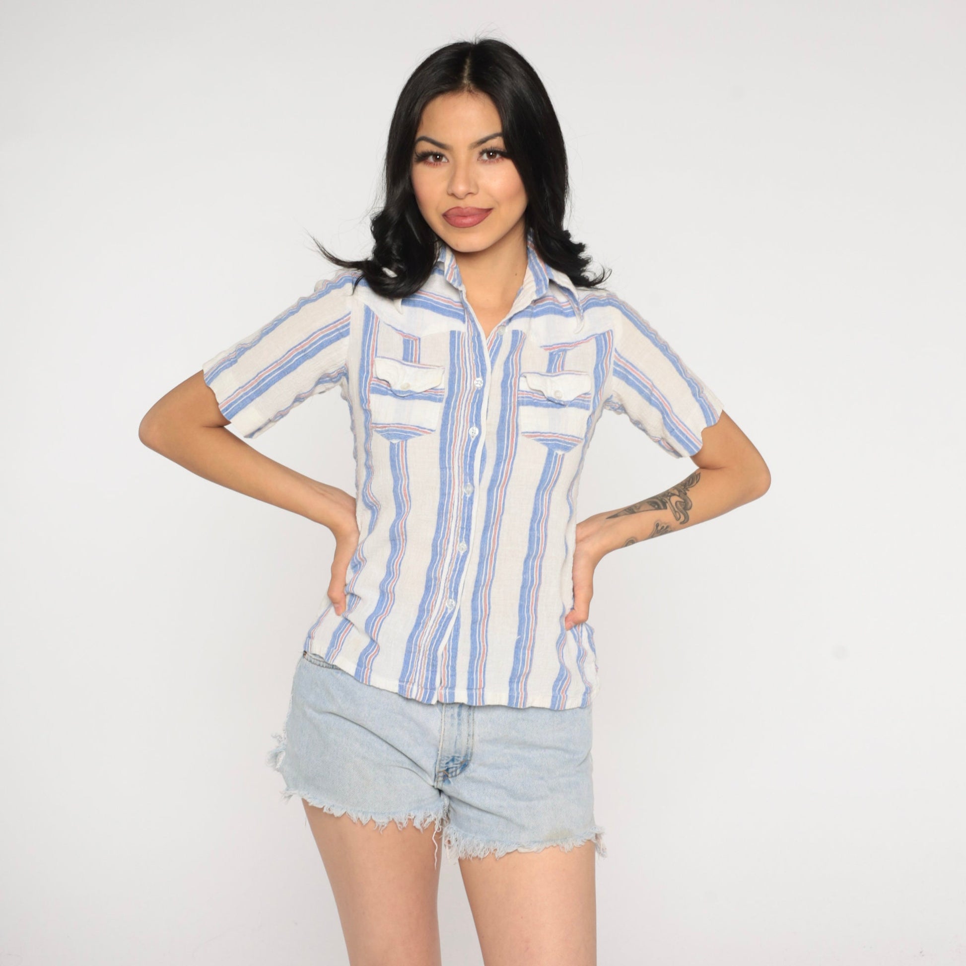 90s Striped Cotton Gauze Button Up Blouse Blue White Short Sleeve Extra Small