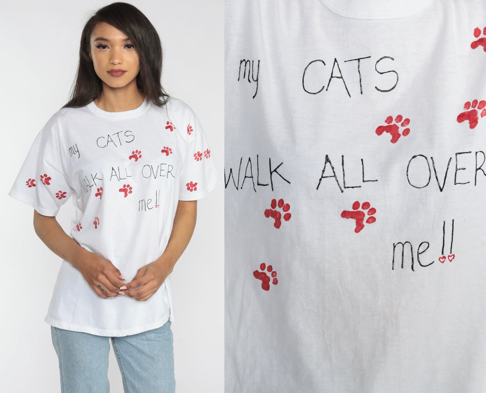 90s Cat Graphic T-Shirt Paw Print Funny Novelty Tee Large L