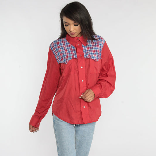 90s Red Plaid Pearl Snap Western Shirt Men's Large