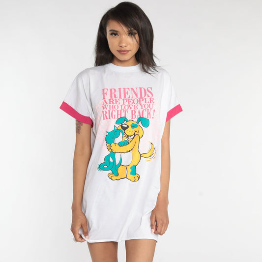 90s Cat Dog Friendship Graphic T-Shirt Dress White Cartoon Mini