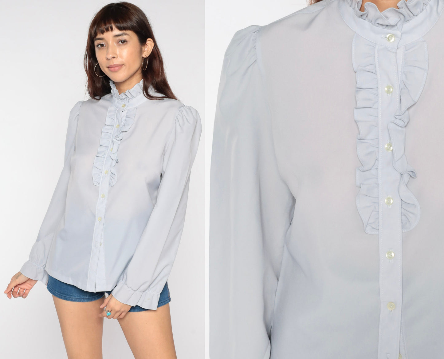 80s Grey Sheer Tuxedo Ruffle Blouse Puff Sleeve Button Up Medium