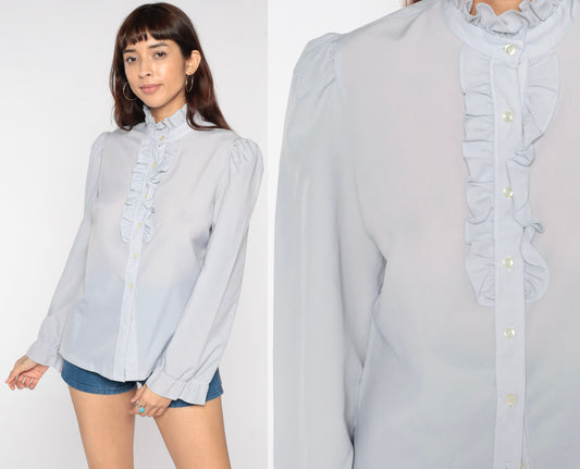 80s Grey Sheer Tuxedo Ruffle Blouse Puff Sleeve Button Up Medium