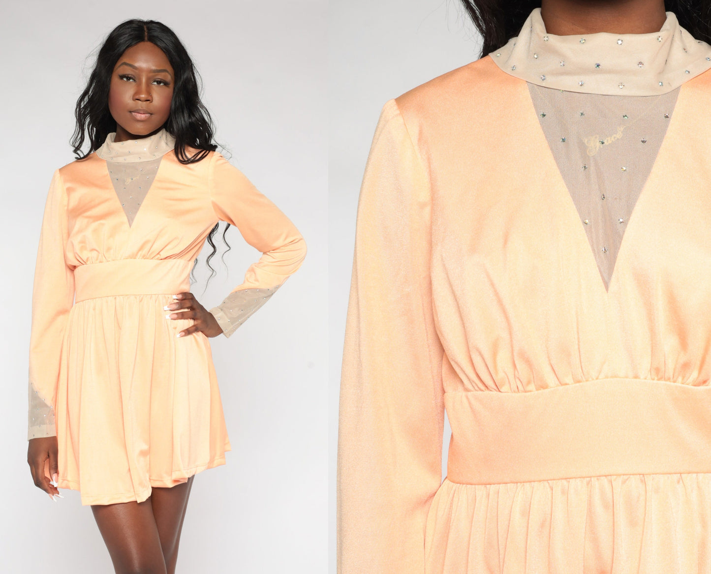 70s Peach Rhinestone Beaded Mini Dress Turtleneck Empire Waist Long Sleeve Medium