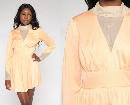 70s Peach Rhinestone Beaded Mini Dress Turtleneck Empire Waist Long Sleeve Medium