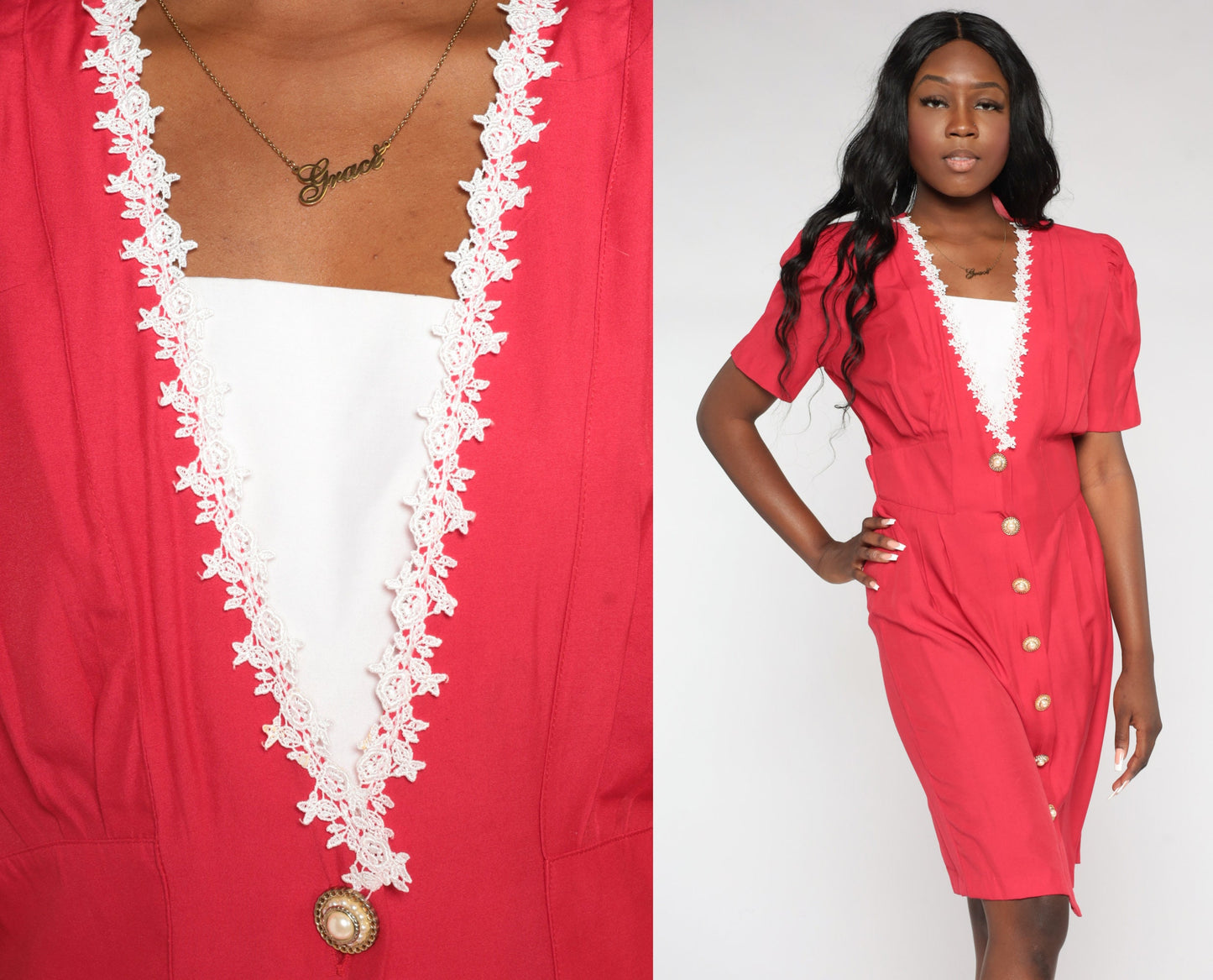 90s Red Midi Dress V Neck Puff Sleeve Button Up Lace Trim High Waist Small 6