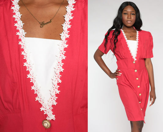 90s Red Midi Dress V Neck Puff Sleeve Button Up Lace Trim High Waist Small 6