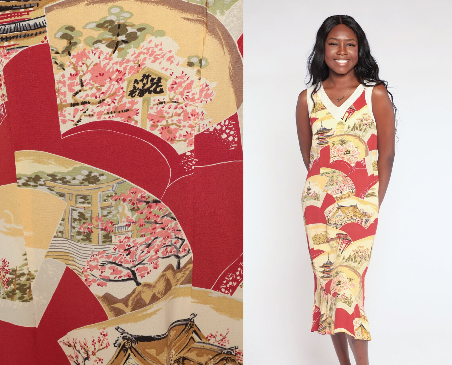 90s Red Midi Dress Asian Pagoda Print Sleeveless V-Neck Small S