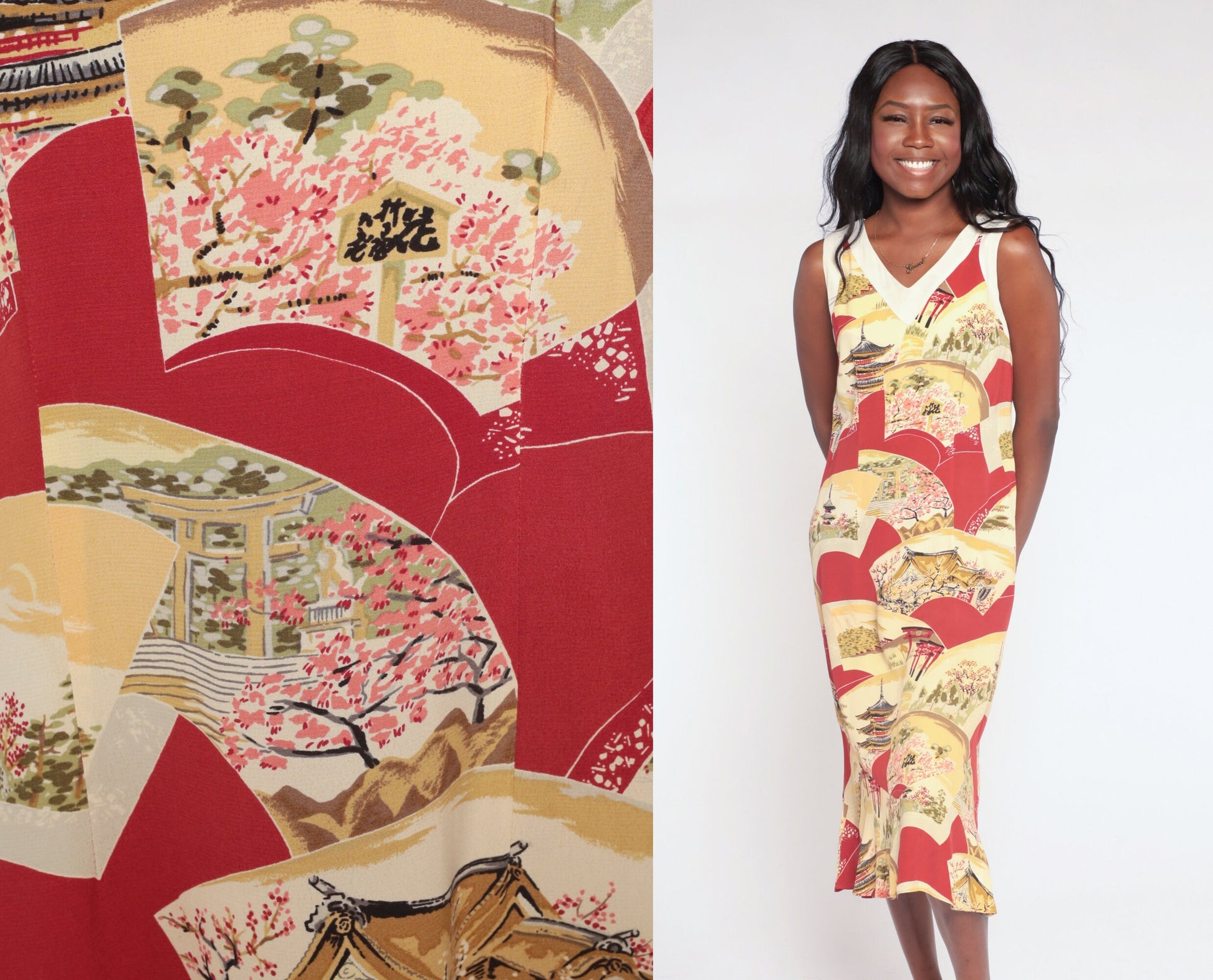 90s Red Midi Dress Asian Pagoda Print Sleeveless V-Neck Small S