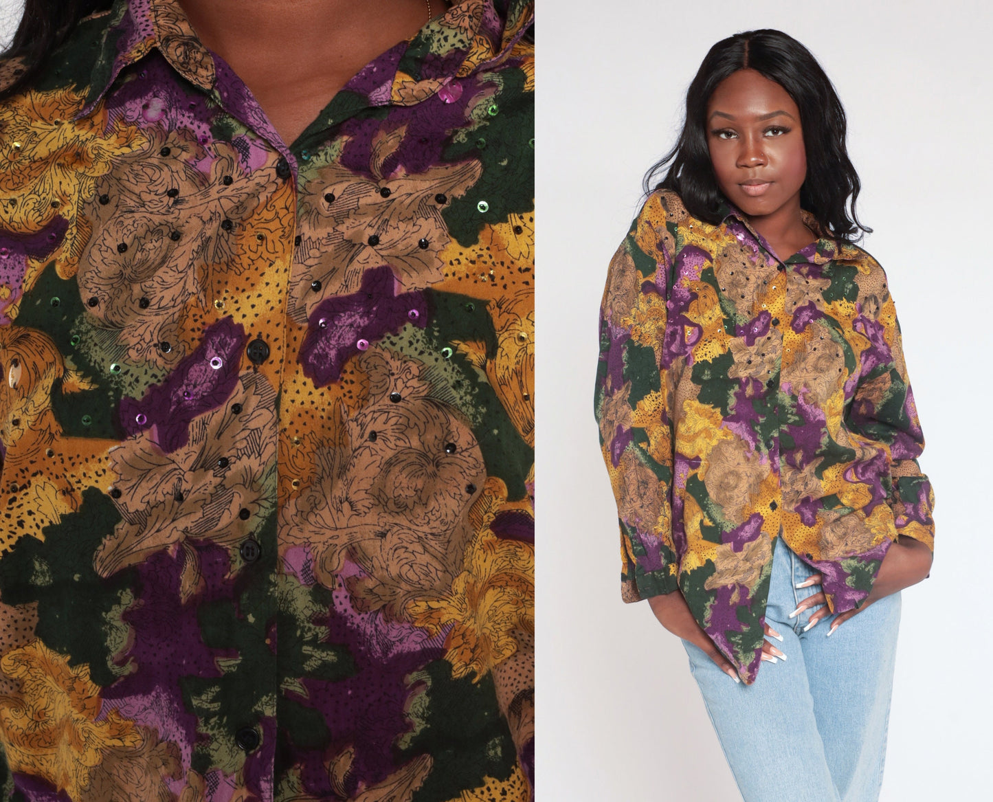 90s Floral Sequin Button Up Blouse Abstract Print Collared Long Sleeve Small