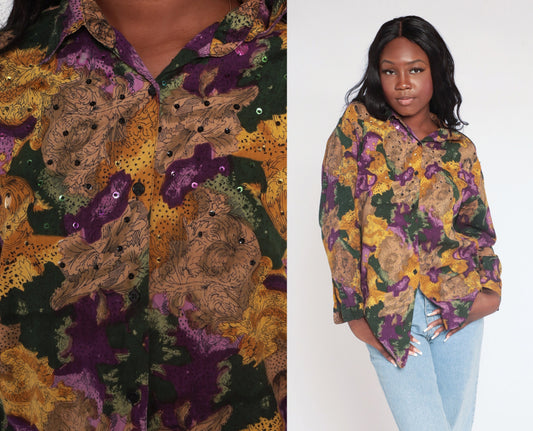 90s Floral Sequin Button Up Blouse Abstract Print Collared Long Sleeve Small
