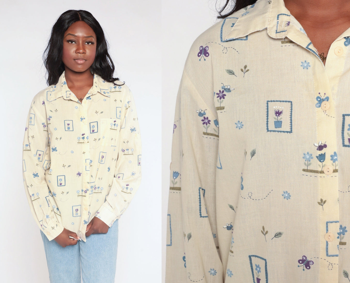 90s Yellow Butterfly Flower Print Button-Up Blouse Long Sleeve Large L