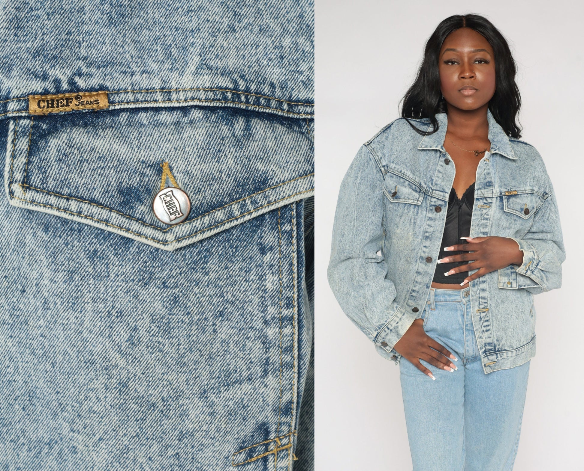 90s Acid Wash Denim Jacket Blue Button-Up Medium M