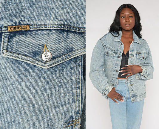 90s Acid Wash Denim Jacket Blue Button-Up Medium M