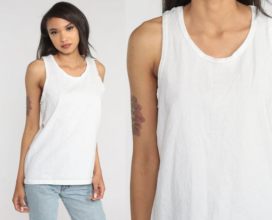 90s Anvil White Cotton Tank Top Plain Sleeveless Medium