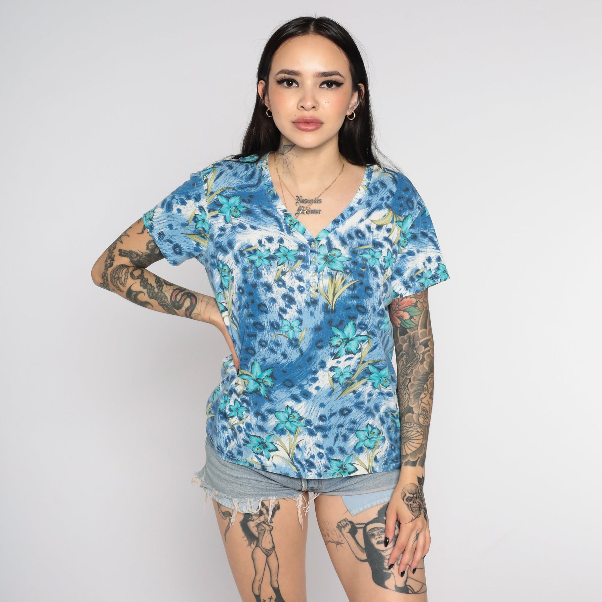 00s Tropical Floral Leopard Print Button-Up Blouse Blue Short Sleeve Small S