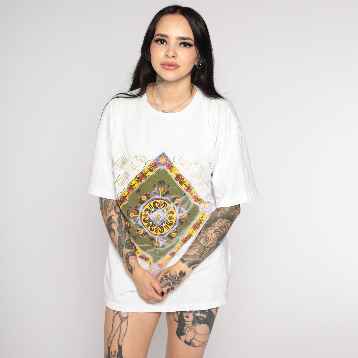 90s Geometric Square Print T-Shirt White Glitter Hand Painted Graphic Tee Large