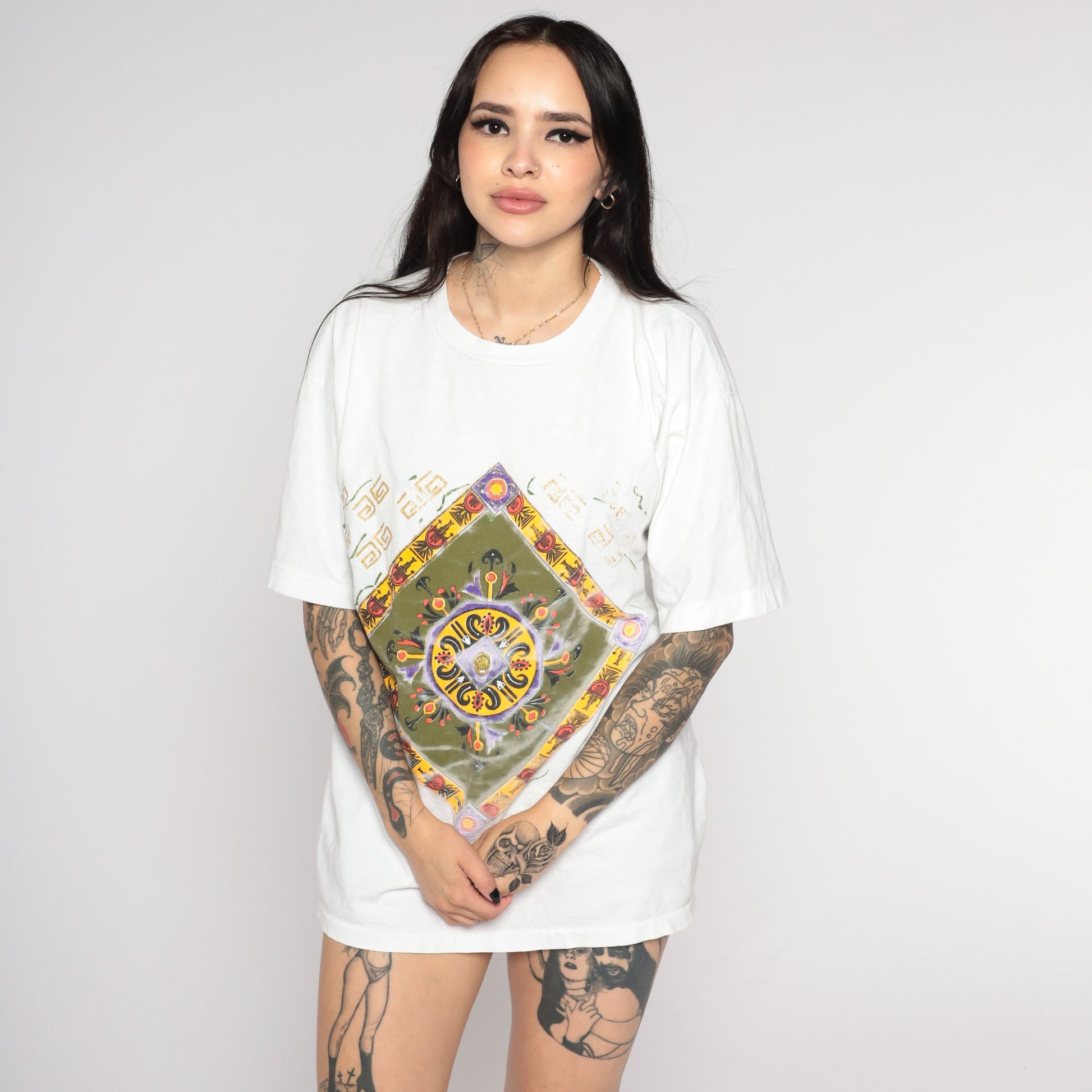 90s Geometric Square Print T-Shirt White Glitter Hand Painted Graphic Tee Large