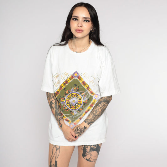 90s Geometric Square Print T-Shirt White Glitter Hand Painted Graphic Tee Large