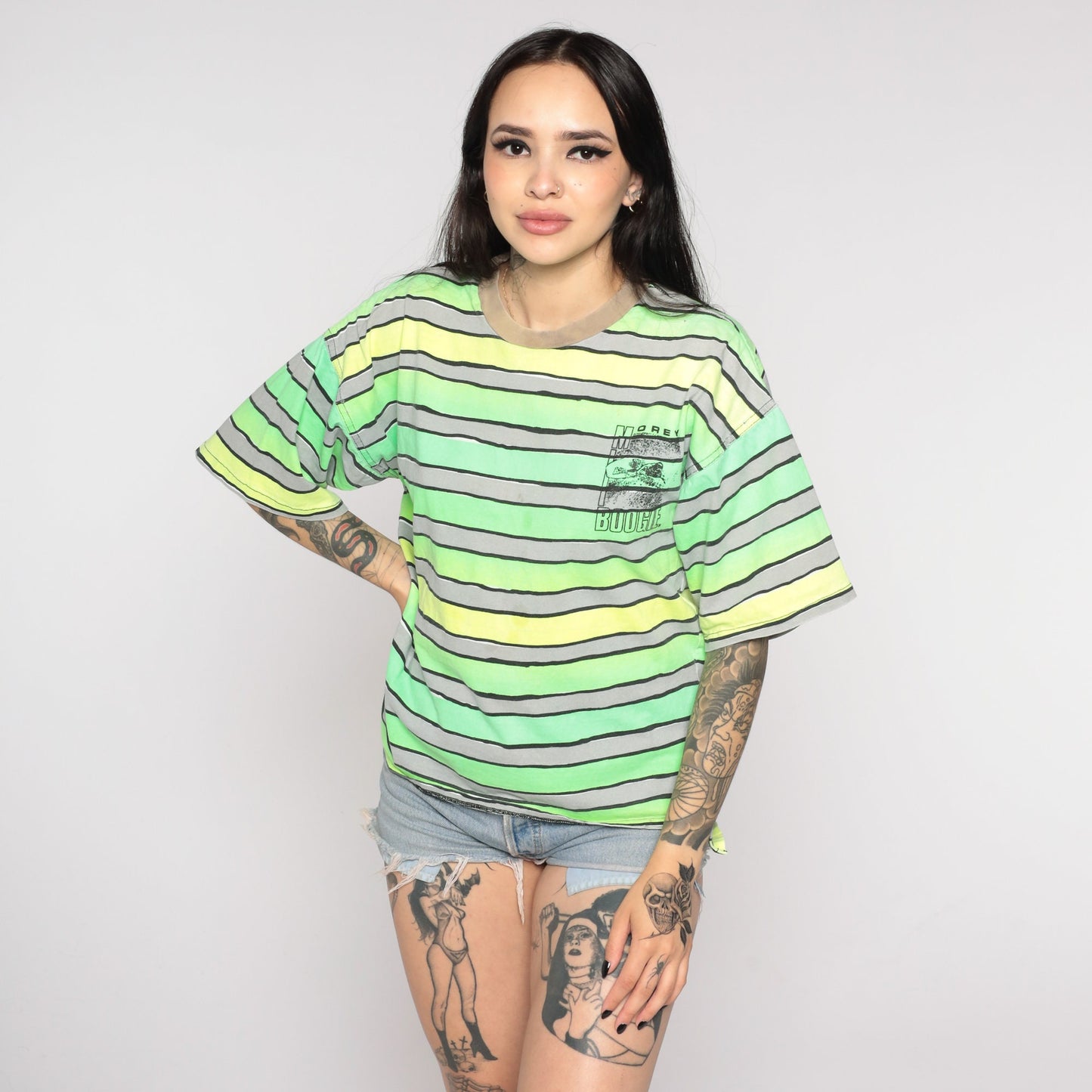 90s Morey Boogie Neon Surfer Graphic T-Shirt Green Striped Small
