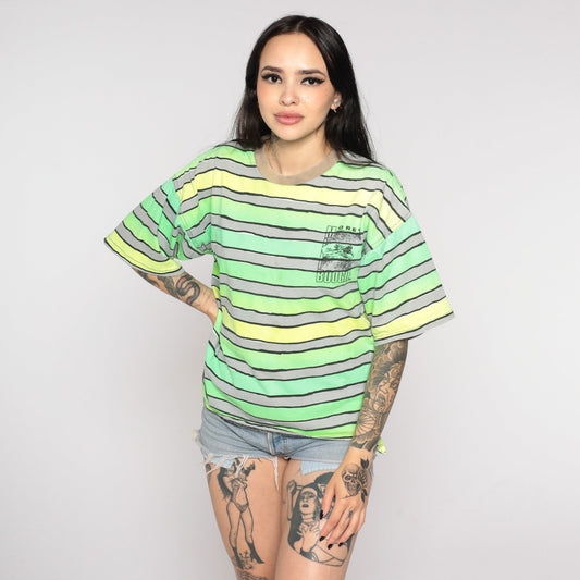 90s Morey Boogie Neon Surfer Graphic T-Shirt Green Striped Small