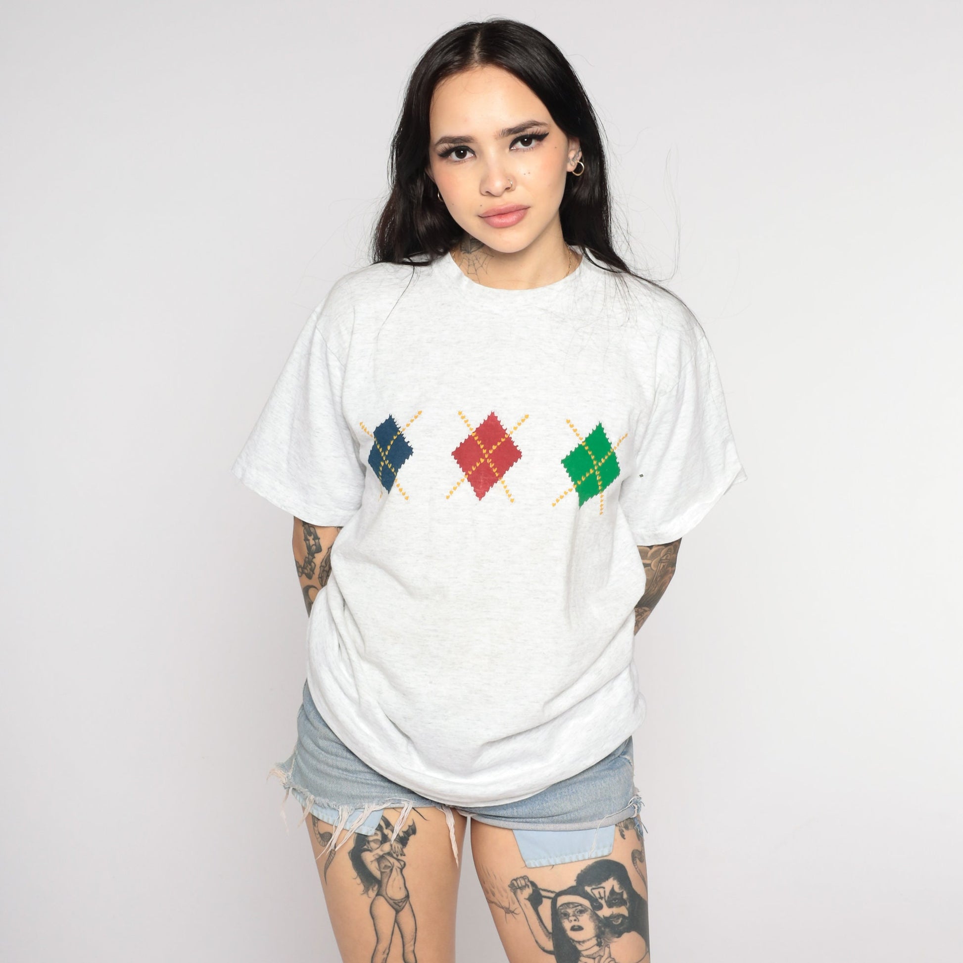 90s Argyle Checkered Crewneck T-Shirt Heather Grey Graphic Tee Medium
