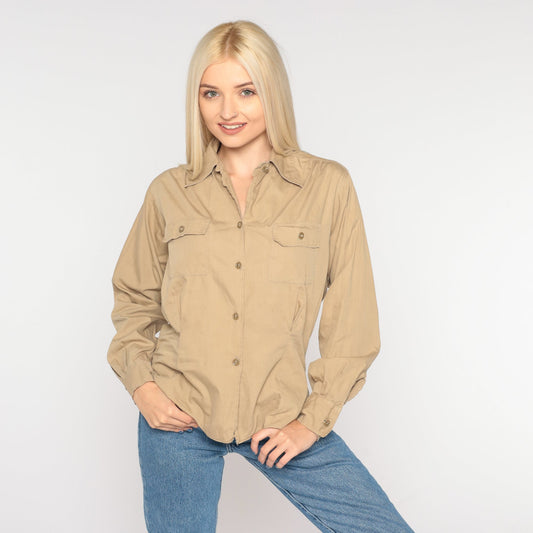 90s Tan Button-Up Shirt Long Sleeve Collared Blouse Small