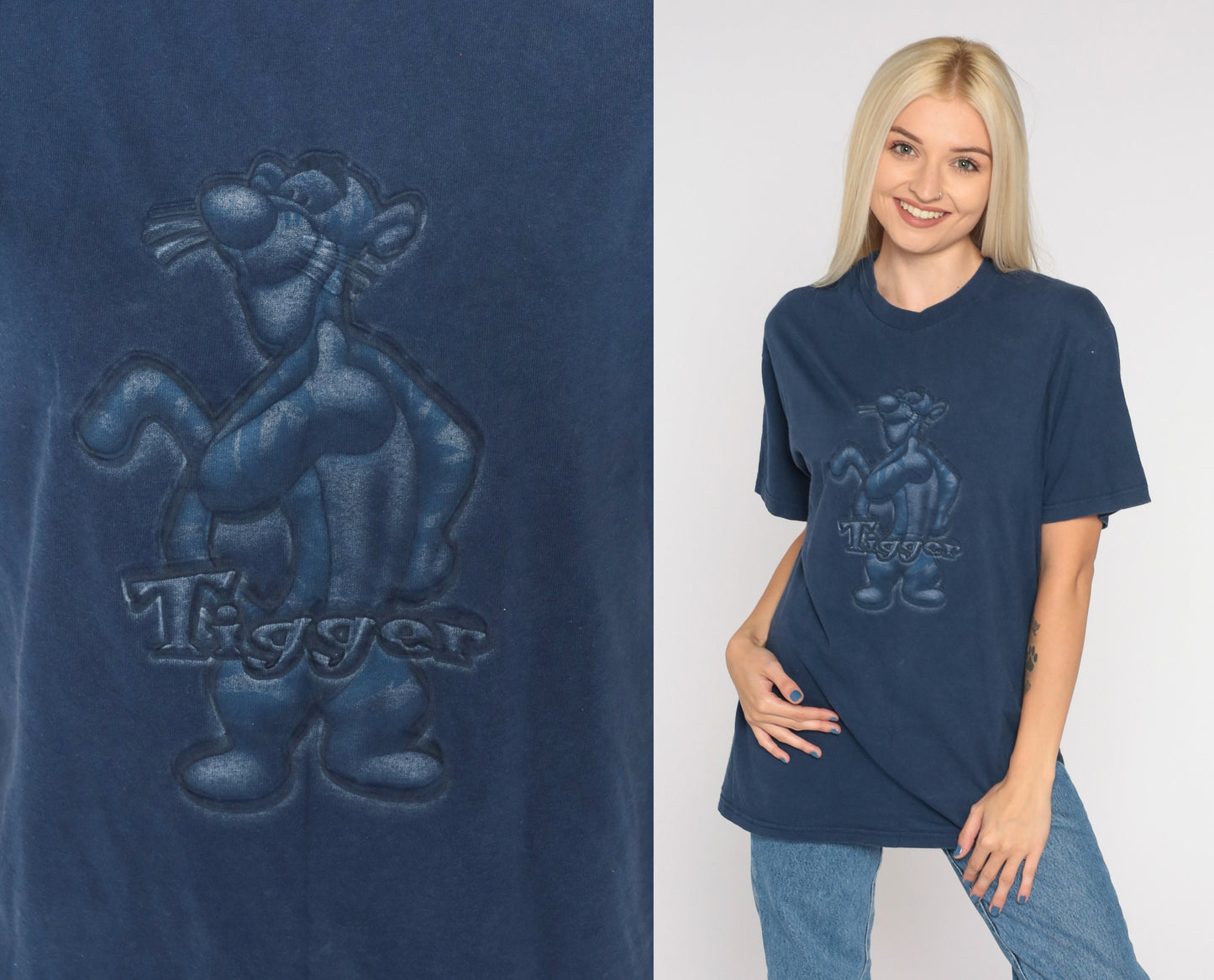 Y2K Disney Tigger Graphic T-Shirt Navy Cotton Tee Medium M