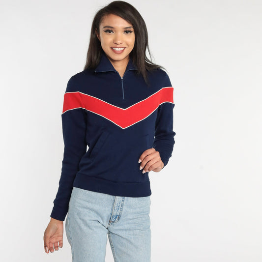 80s Blue Quarter Zip Sweatshirt Red Chevron Stripe Crewneck Extra Small