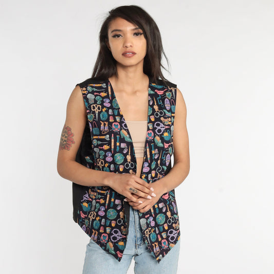 90s Seamstress Print Sleeveless Vest Button Up Sewing Graphic Medium Large