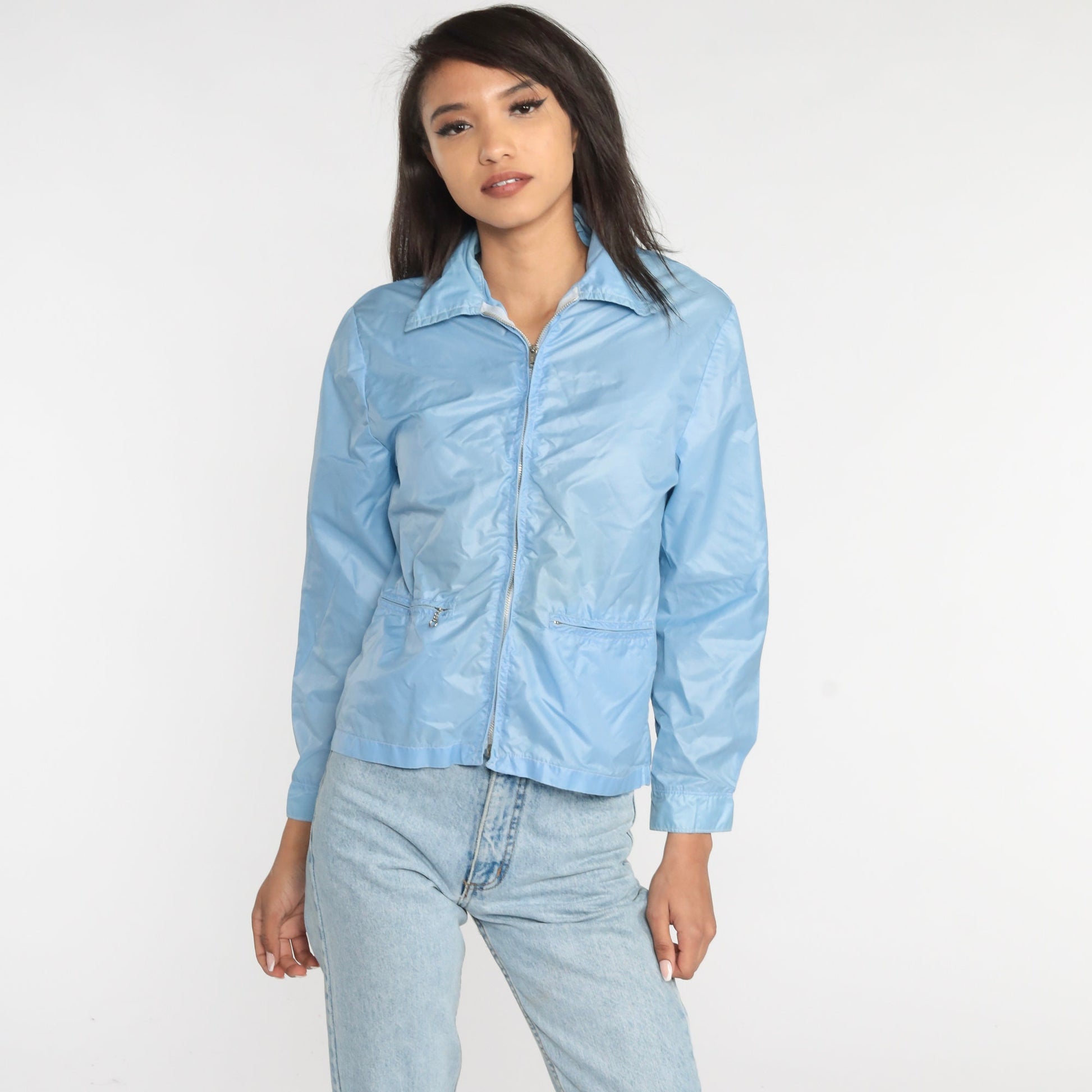 70s Baby Blue Nylon Windbreaker Zip Jacket Small