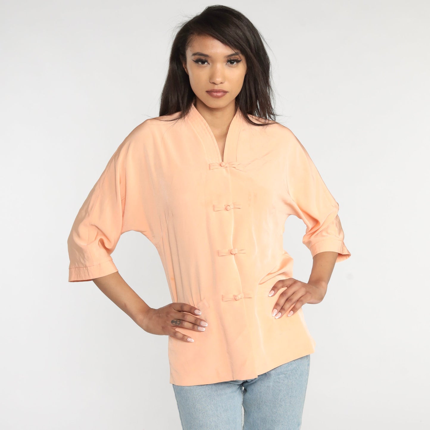 70s Peach Blouse Short Sleeve Frog Button Shirt Medium Large